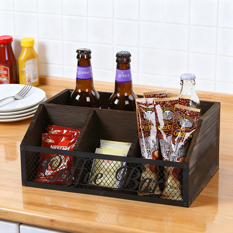 Retro wooden metal mesh coffee bar storage box, desktop multi-compartment classified storage box, wine and snack organization box